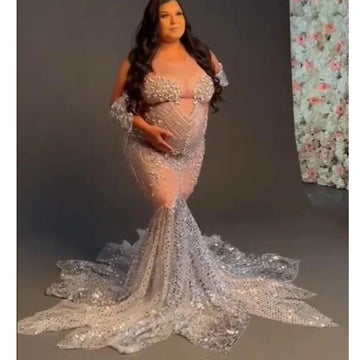 MQTIME  -  Shiny Stones Maternity Photo Dress Prom Dresses Long Off Shoulder Mermaid Sweetheart Evening Gowns for Women Formal
